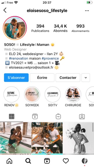 Captures d’écran de la page de l’instagrammeuse – eloisesoso_lifestyle, 34,4k d’abonnés